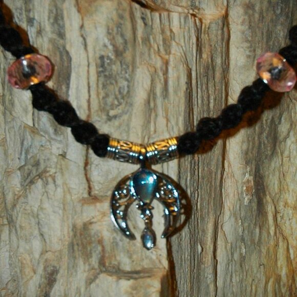 Boho Filigree Crescent Moon with Teardrop on 22" Black Handmade Hemp Necklace - Picture 4 of 5